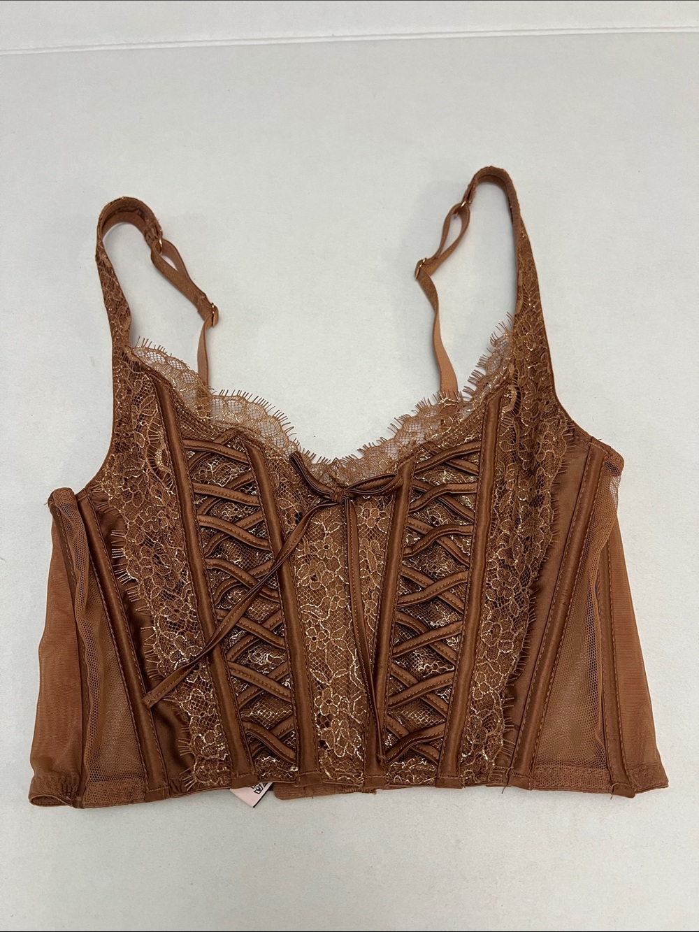 VICTORIA’S SECRET BRONZE LACE FLORAL LACE-UP BUSTIER HALTER TOP XS